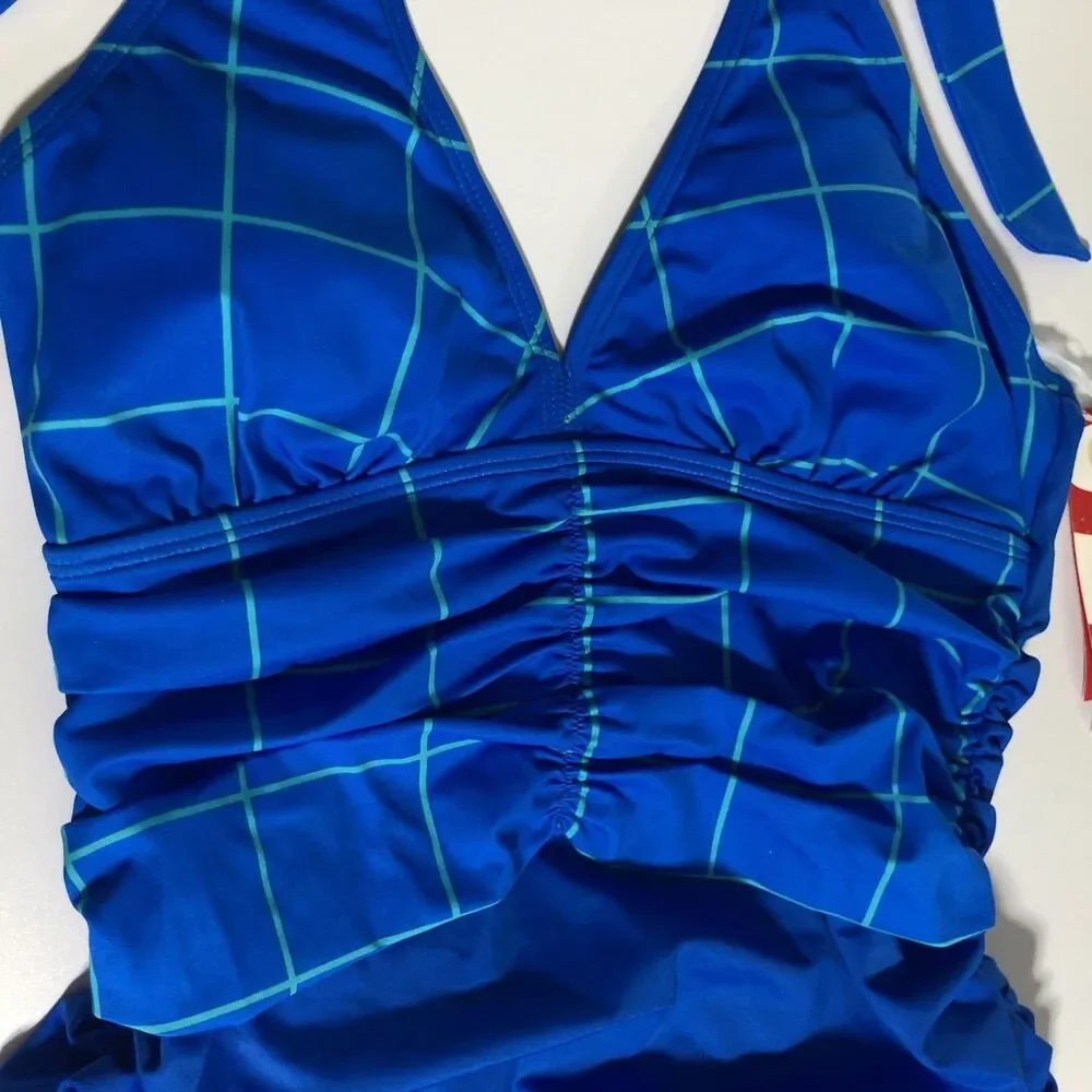 Spanx Tankini Swimsuit Womens 6 Blue Green Ruched Halter Windowpane Slimming New